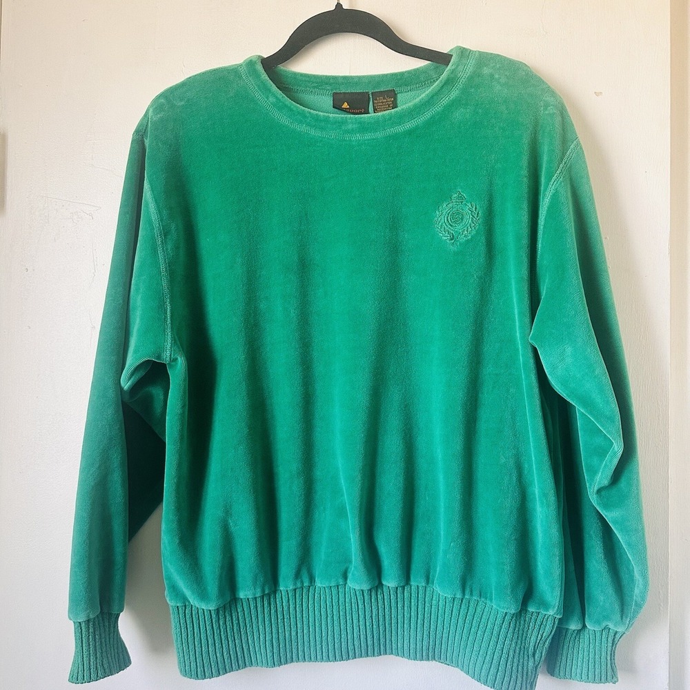 Vintage Liz Sport Green Velour Velvet Crew Neck Sweatshirt Women's Large L‎